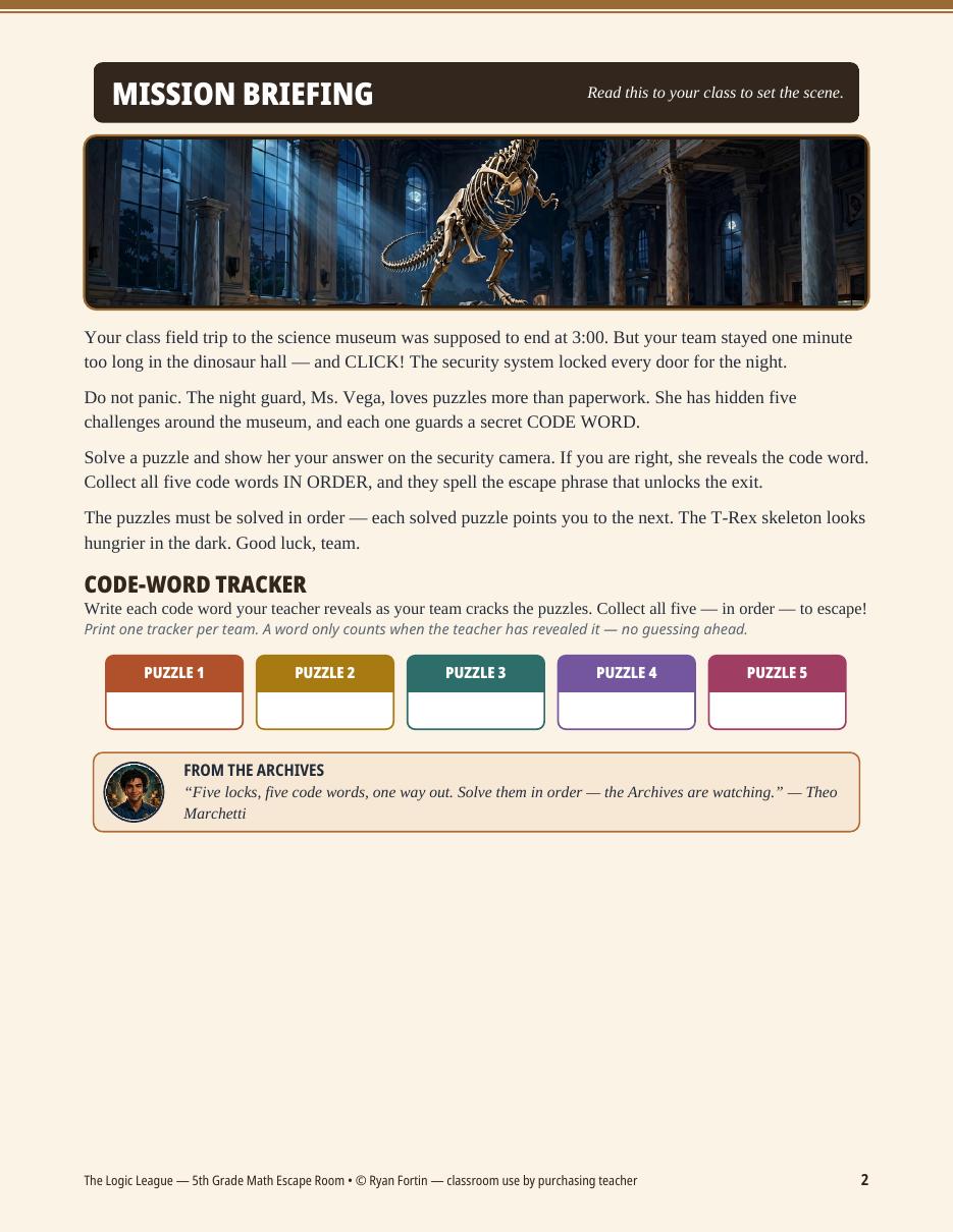 Sample kit page: an escape-room mission briefing with cinematic art