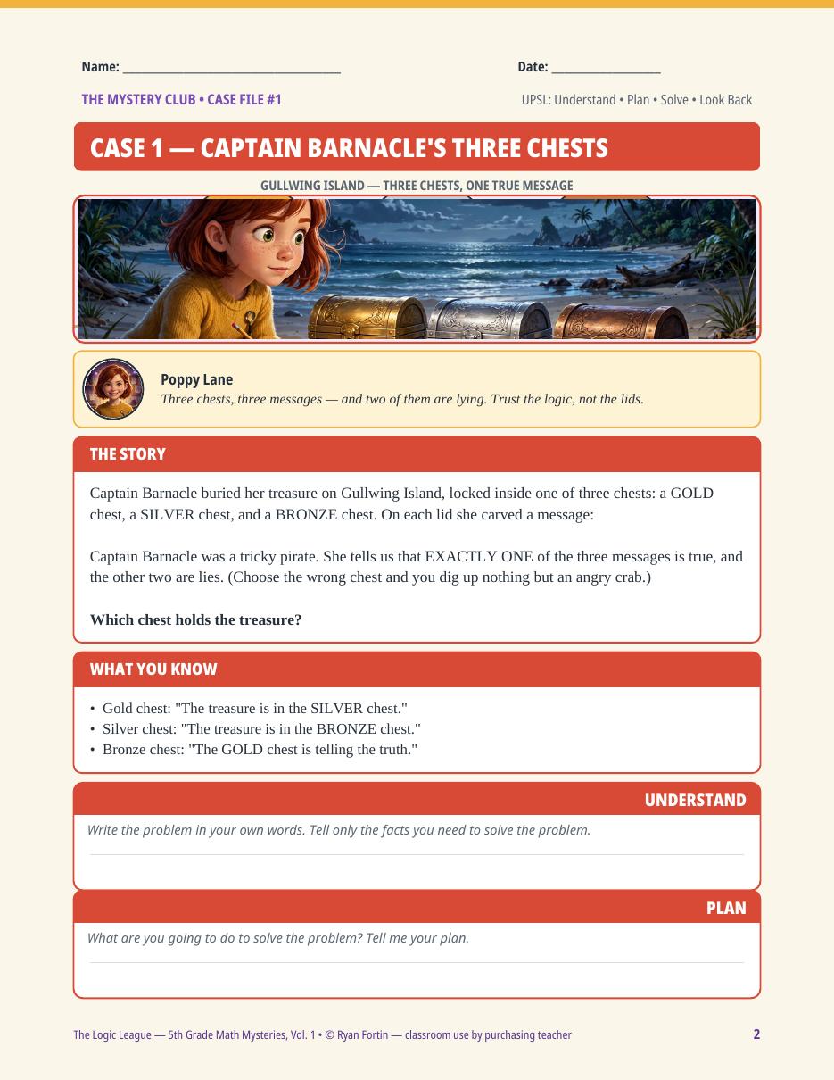 Sample kit page: a painted math mystery case page with character art